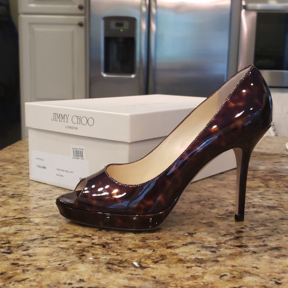 Jimmy Choo Tortoise Shell Parent Leather Pumps